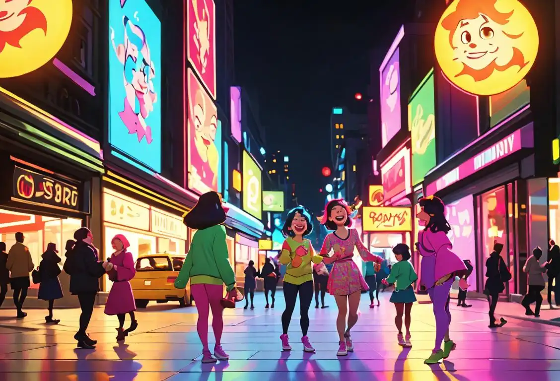 A group of diverse, joyful singles wearing colorful clothing, surrounded by vibrant city lights and laughter..