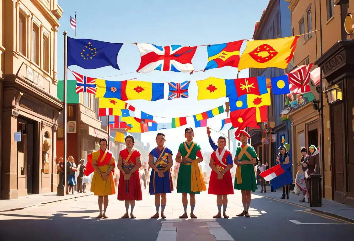 A diverse group of people, dressed in various cultural attire, standing together with flags from different countries in a lively city street..