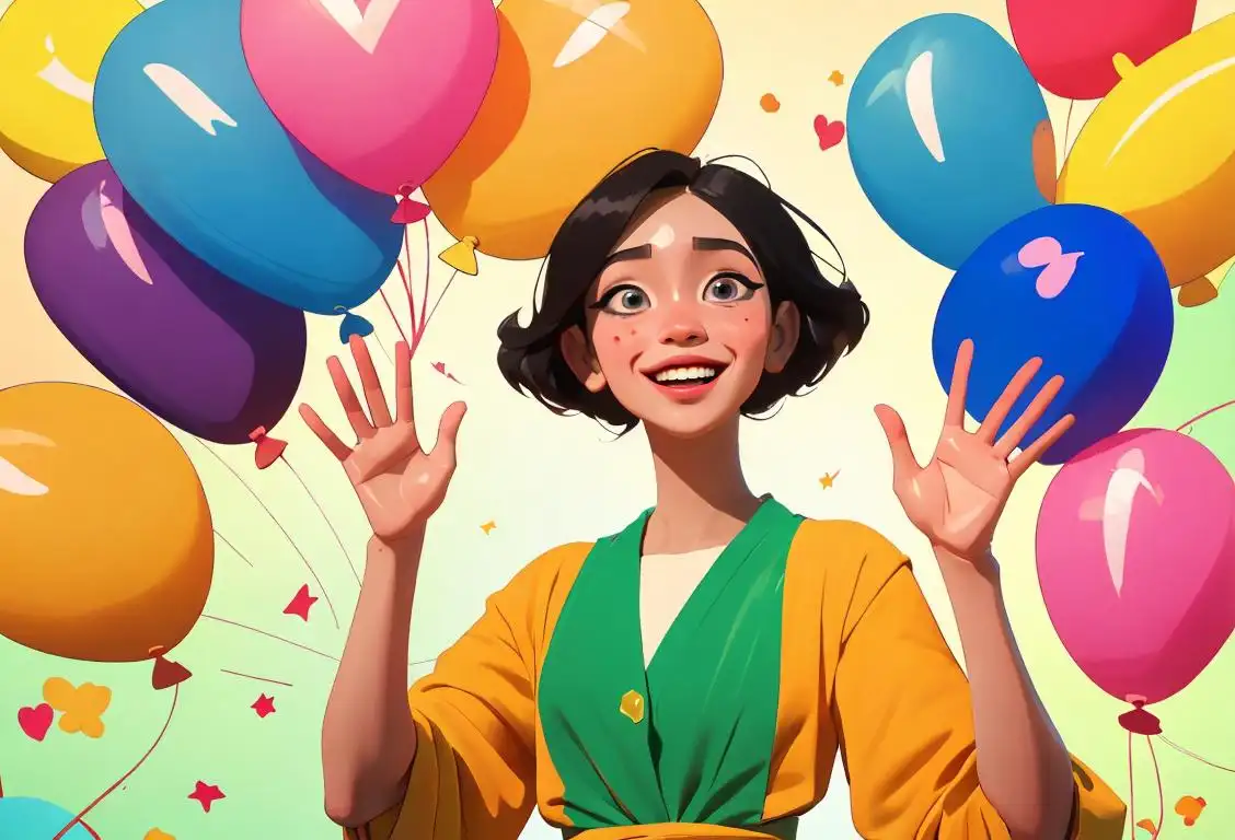 A joyful person waving their hands in a charismatic way, surrounded by colorful balloons and happy friends with diverse fashion styles and backgrounds..