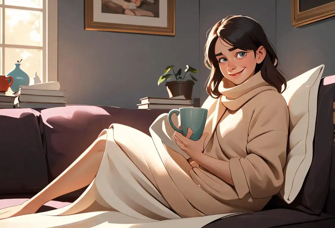 A smiling person sitting on a cozy sofa, wrapped in a blanket, holding a mug, with tissues nearby and a stack of books..