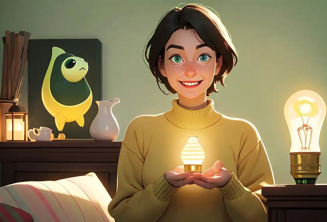 A cheerful person holding an energy-saving lightbulb, wearing cozy sweaters, surrounded by a green and eco-friendly home decor..