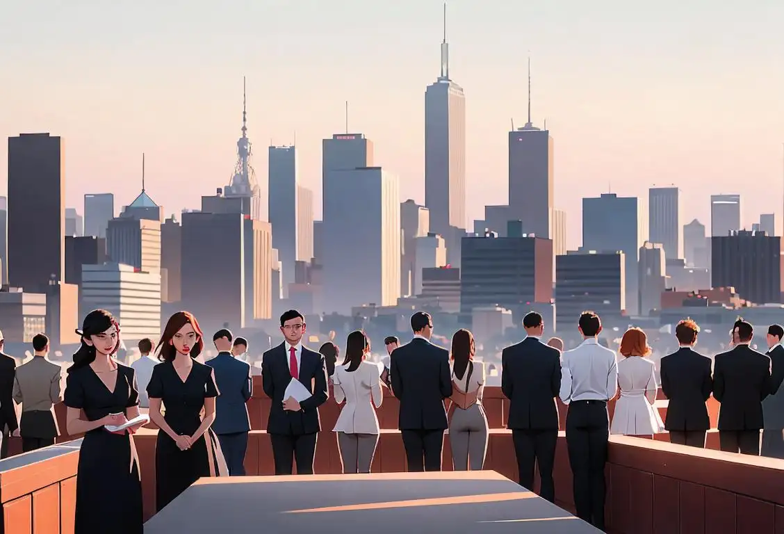 A group of diverse people dressed in professional attire, holding job application forms, against a modern city skyline backdrop..