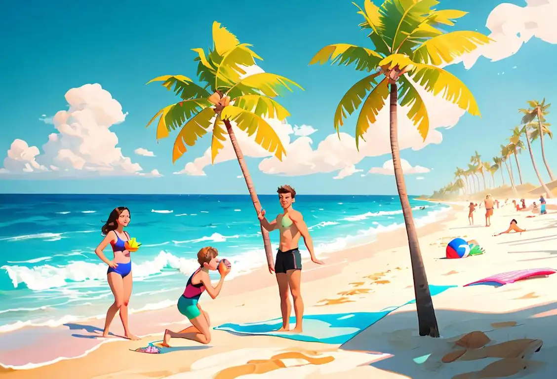Young men and women playing vb on a sunny beach, wearing colorful swimwear, beach scene with palm trees and ocean waves..