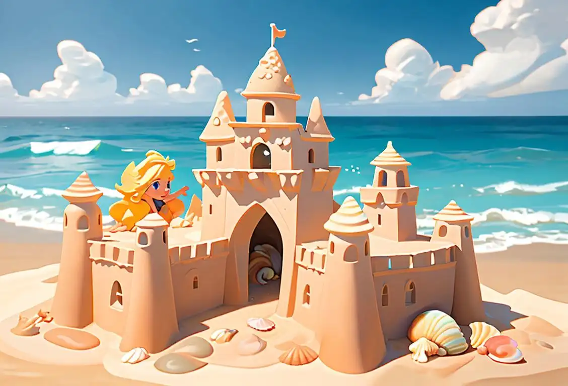 A child building a sandcastle on a sunny beach, wearing a colorful swimsuit, surrounded by seashells and ocean waves..