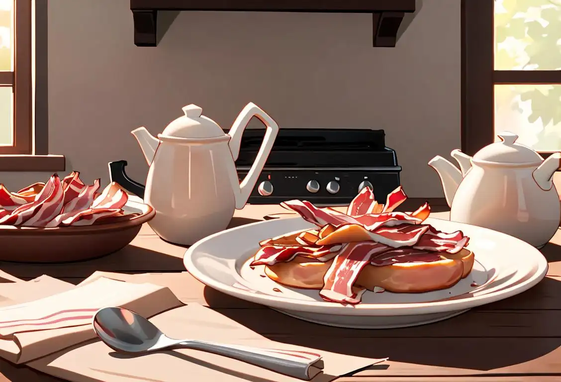 Crispy bacon strips on a sizzling hot pan, breakfast table set up, cozy and rustic farmhouse kitchen scene..