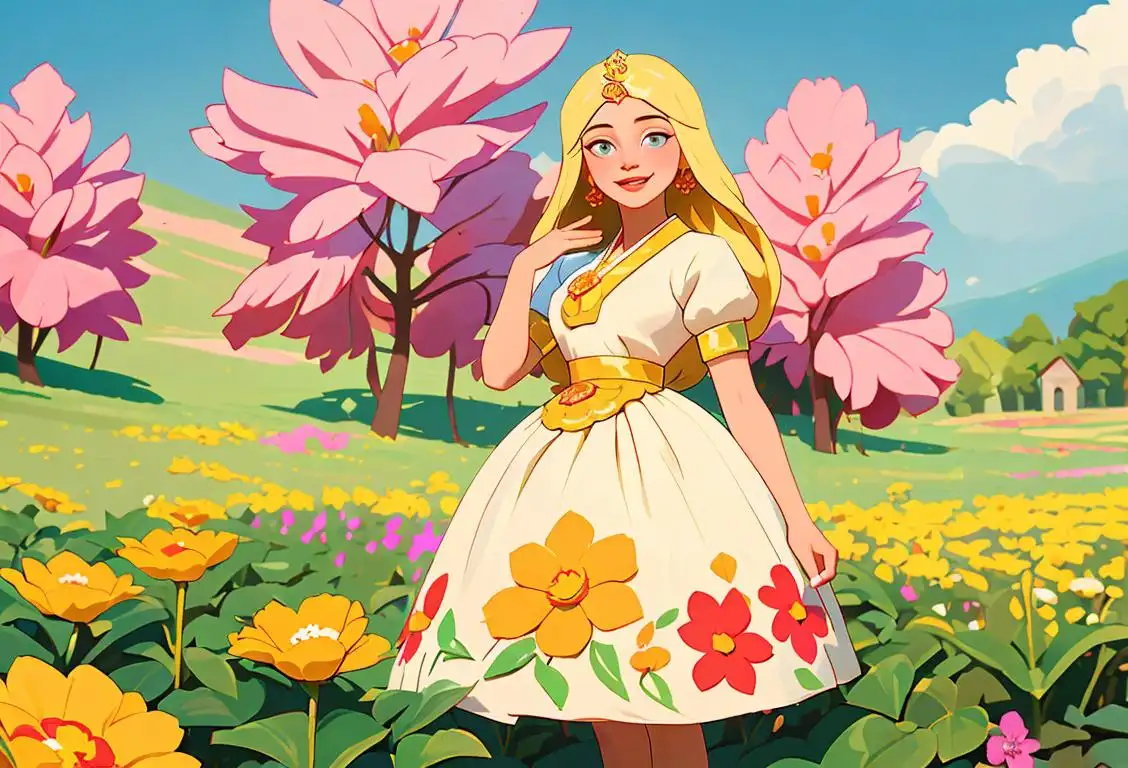 Young woman wearing a colorful vyshyvanka dress, standing in front of a traditional Ukrainian village scene, surrounded by blooming flowers and smiling villagers..