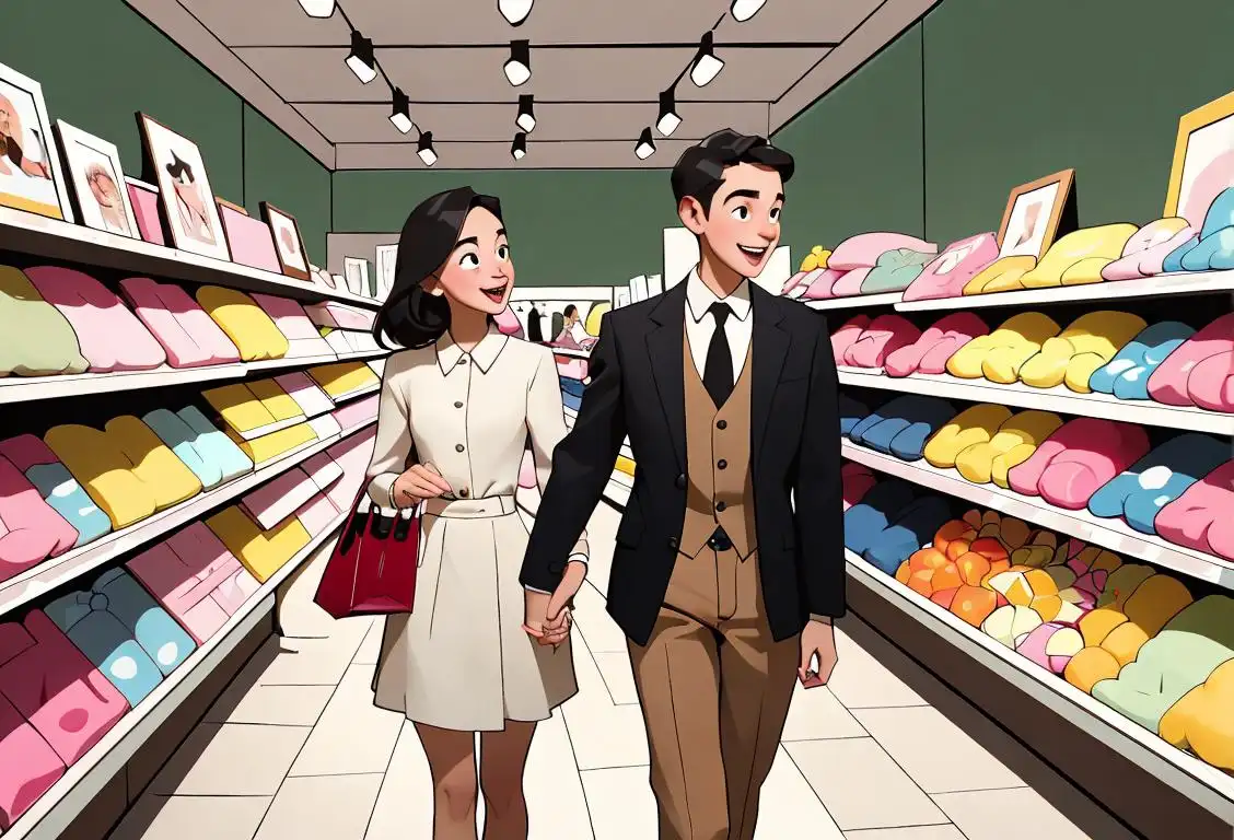 A cheerful young couple, dressed in stylish attire, happily exploring the aisles of a bustling department store filled with diverse products..