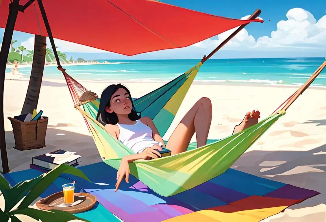 Person lying in a hammock, wearing summer clothes, with a book and a cool drink, in a serene beach setting..
