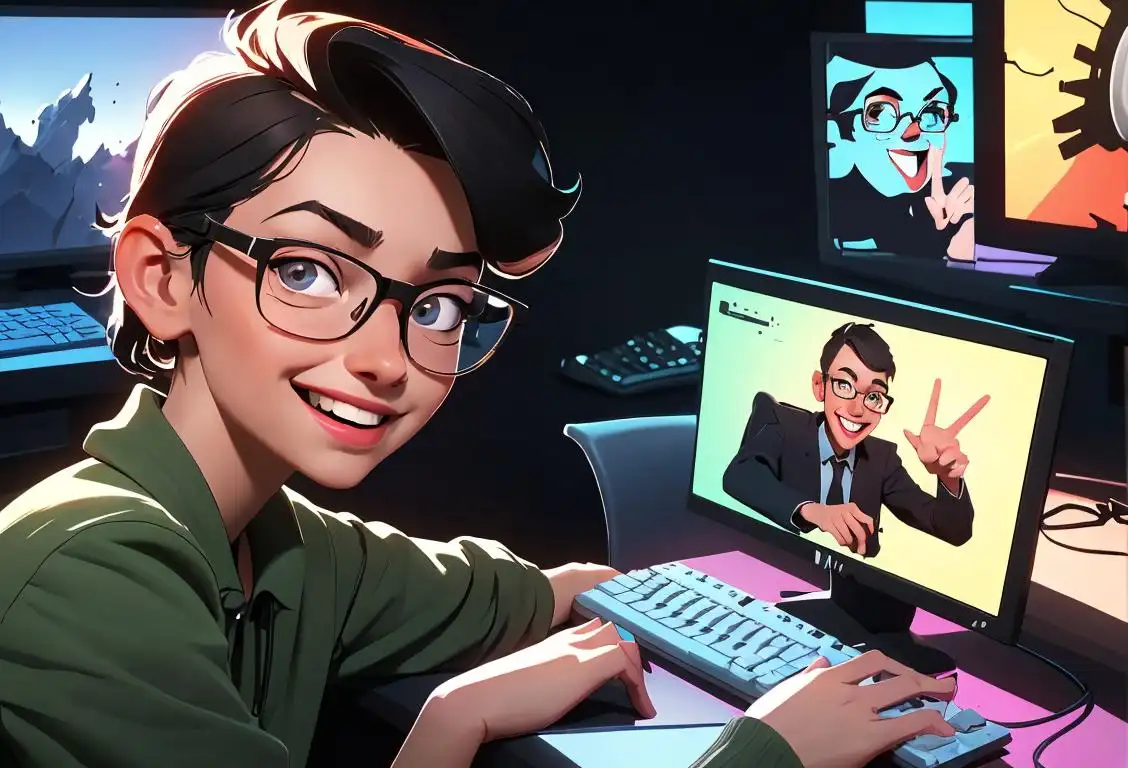 Young person in front of computer screen with a big smile, wearing geeky glasses, surrounded by keyboards, code, and tech gadgets..