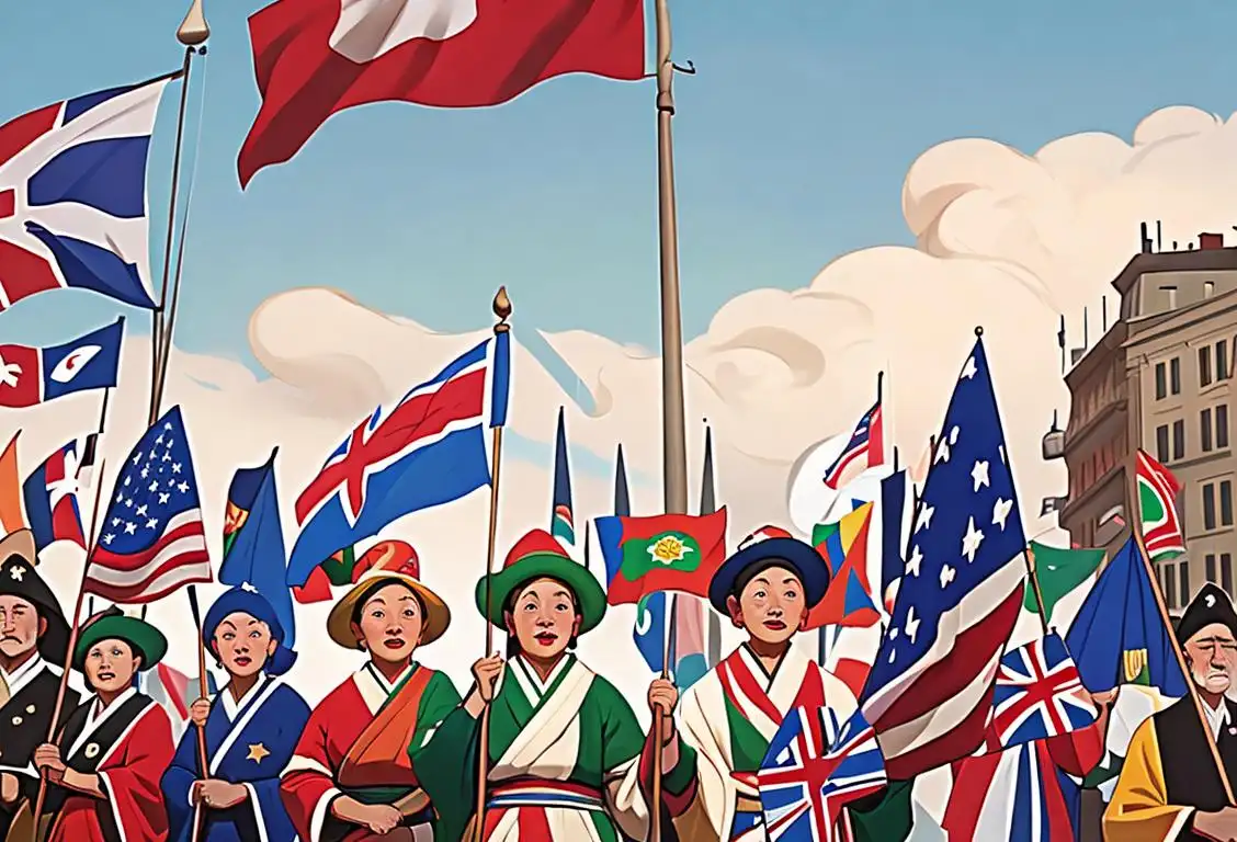 A group of diverse individuals proudly holding and waving national flags, with a backdrop of a multicultural cityscape and festive attire..