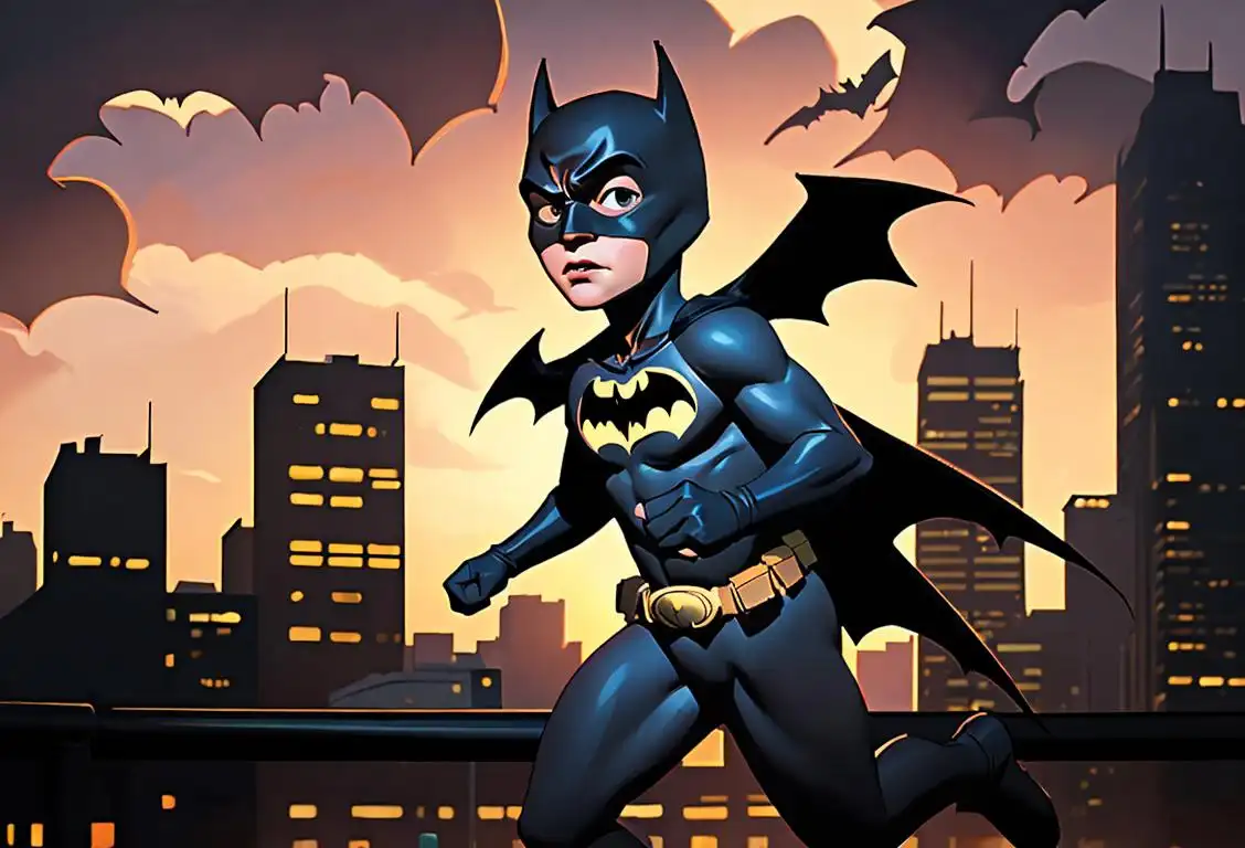 Young child wearing a batman costume, running through a city park at sunset, with a backdrop of skyscrapers and a bat-signal shining in the sky..