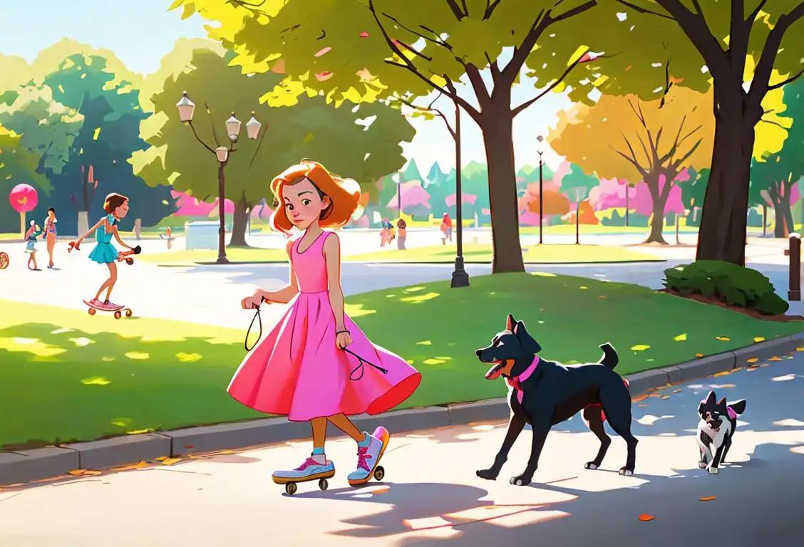 Two siblings walking their dogs: a young girl in a colorful dress and a teenage boy with a skateboard, sunny park setting..