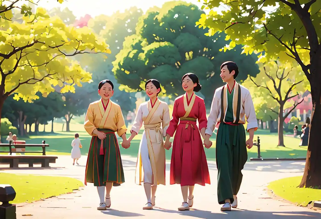 Group of diverse people wearing traditional clothing, holding hands and smiling, in a park setting..