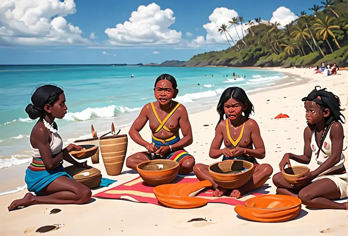 Diverse group of people on a beach, wearing traditional attire, playing traditional instruments, celebrating National Aborigines and Islanders Day..
