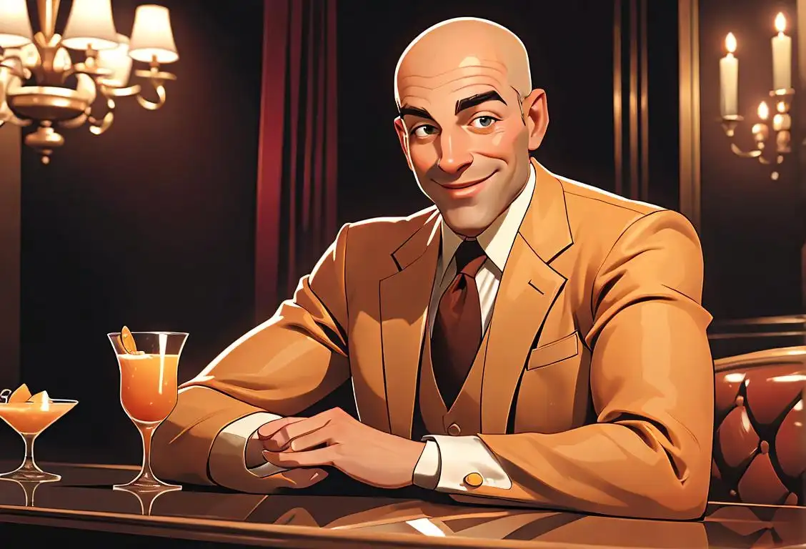 A smiling man holding a glass filled with amaretto, dressed in a classic suit, in a stylish cocktail bar surrounded by elegant decor..