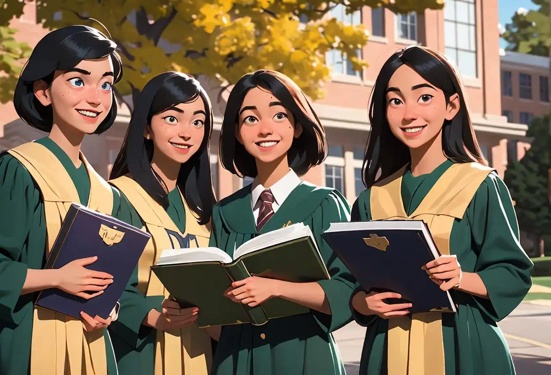 A group of diverse alumni, dressed in their favorite college attire, gather in front of their alma mater, smiling and holding their old yearbooks..