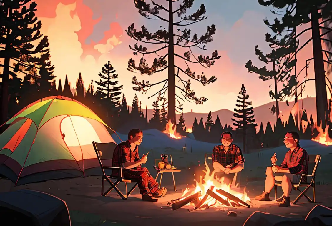 Cheerful neighbors gathered around a cozy bonfire, wearing plaid shirts, camping in a picturesque forest setting..