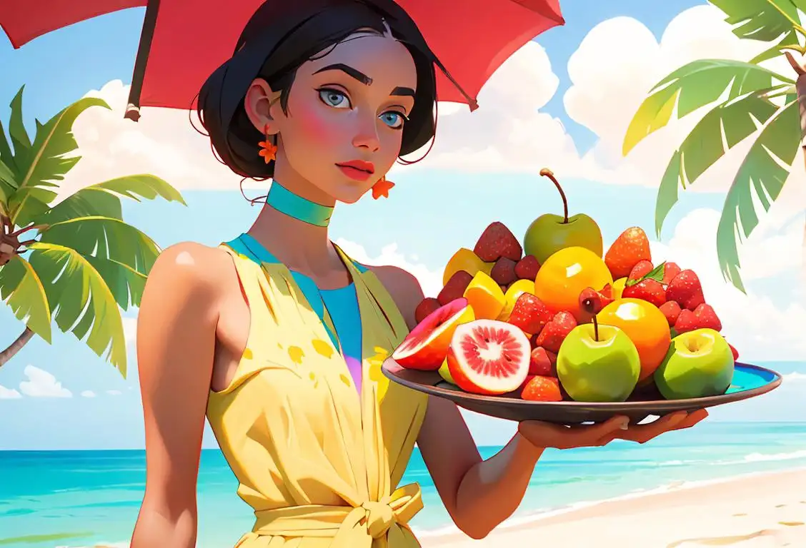 Young woman holding a colorful fruit platter, wearing a summer dress, tropical beach setting..