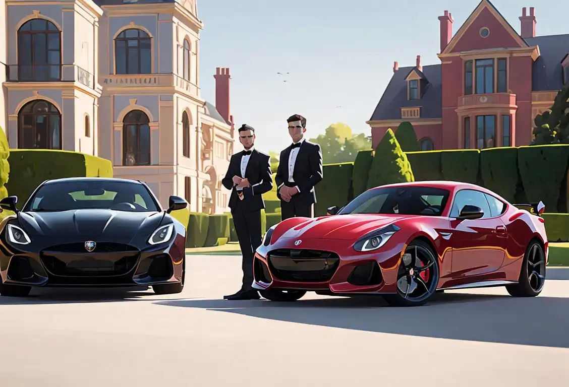 A group of diverse friends standing in front of a luxurious mansion, dressed in trendy outfits, looking admiringly at someone's new sports car..