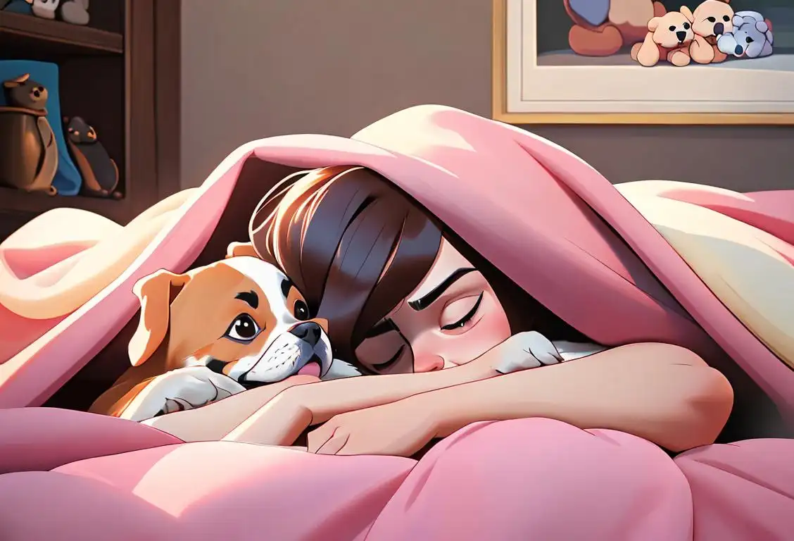 A heartwarming scene of a person embracing their dog, surrounded by cozy blankets, capturing the love and happiness of National Hug Your Dog Day..