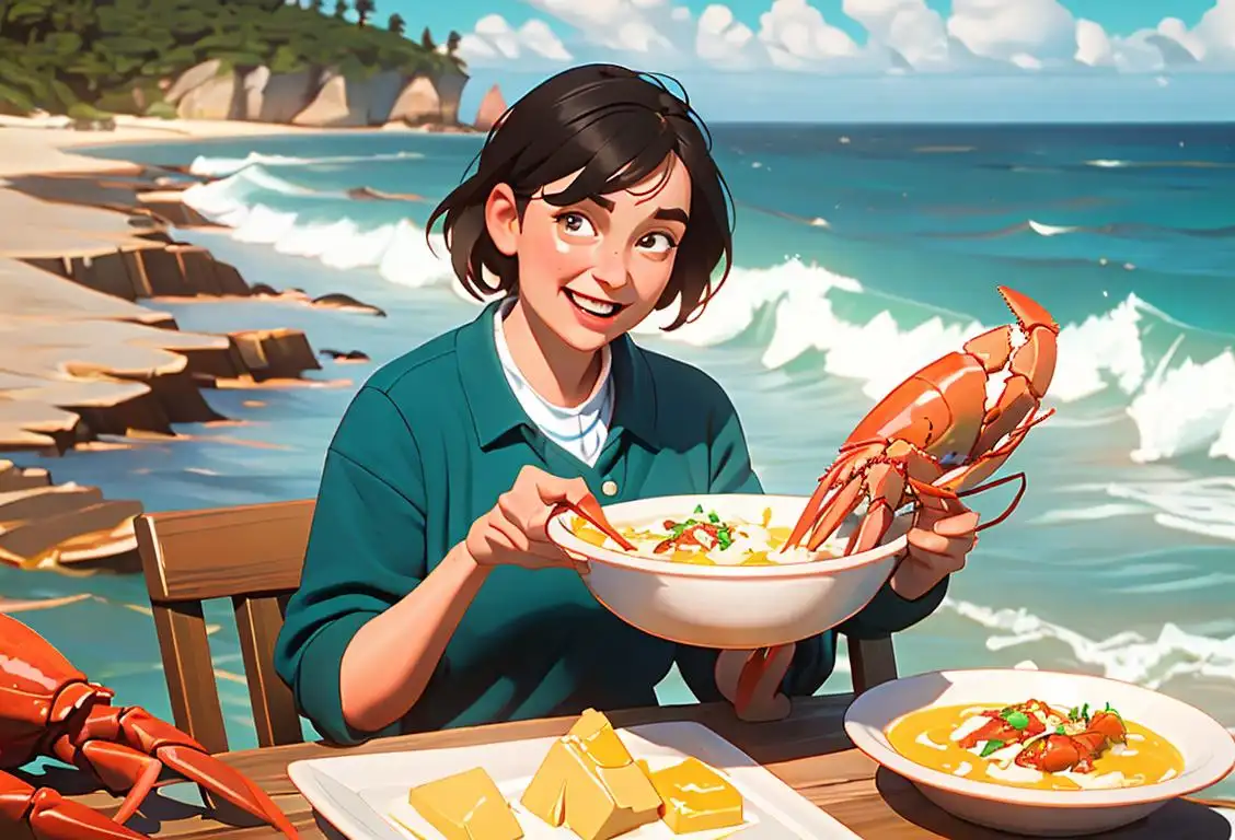 A cheerful person wearing a lobster bib and holding a butter dipping bowl, surrounded by ocean scenery..