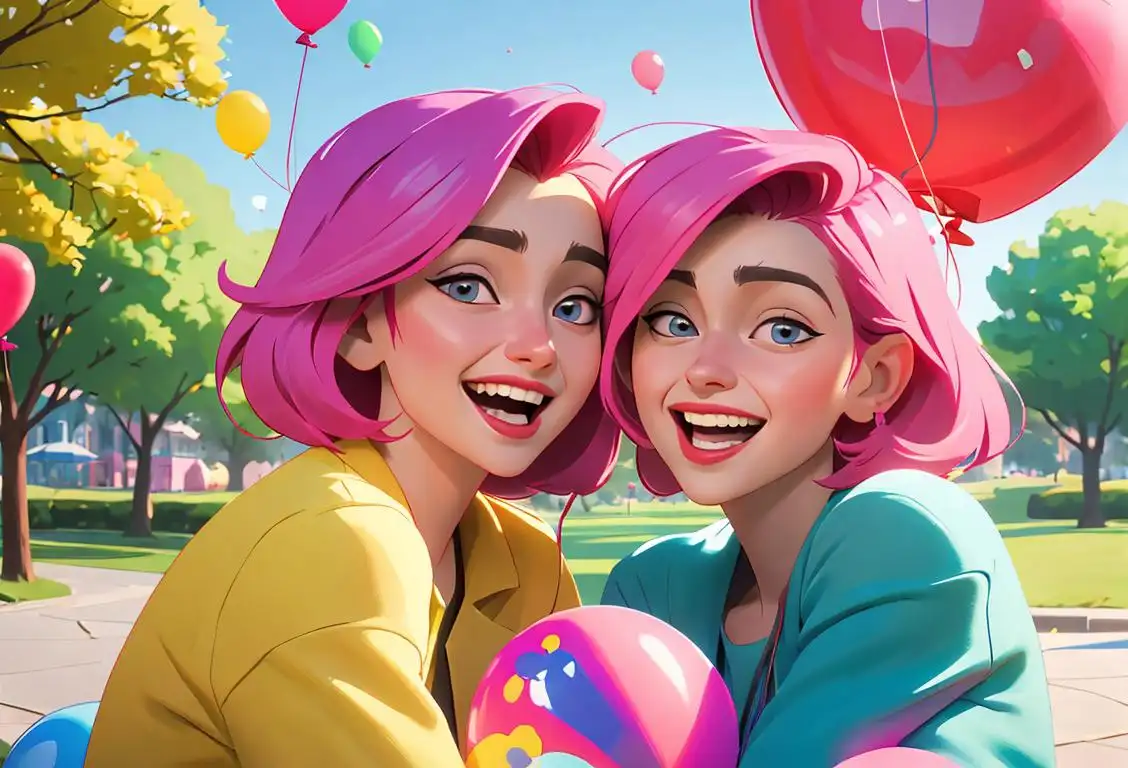 Two best friends laughing together, stylishly dressed, surrounded by colorful balloons in a park..