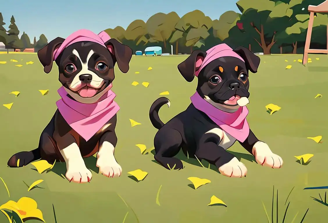 Two adorable puppies wearing colorful bandanas, sitting on a grassy field, surrounded by children with big smiles and holding adoption signs..