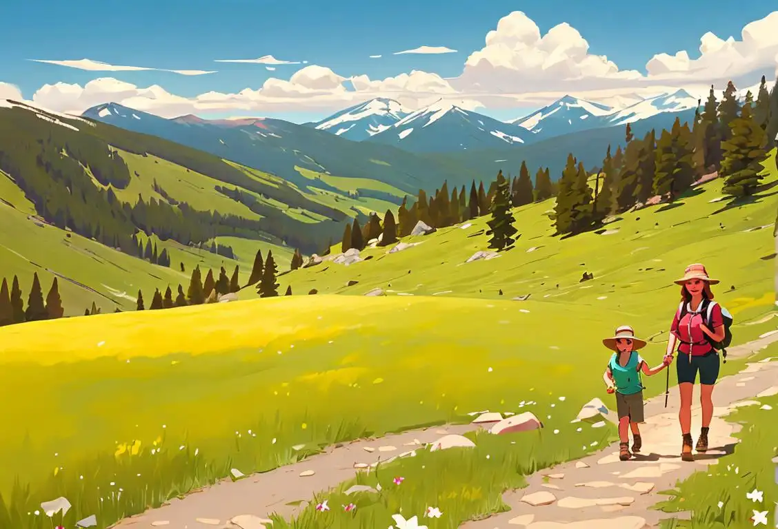 Family of hikers enjoying panoramic mountain view, wearing hiking gear, sun-soaked meadow scene..