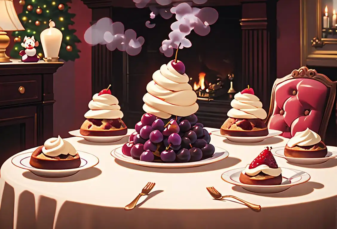 A joyful table setting with a steaming plum pudding in the center. Classic holiday decor and happy families in the background, wearing cozy sweaters and Santa hats..