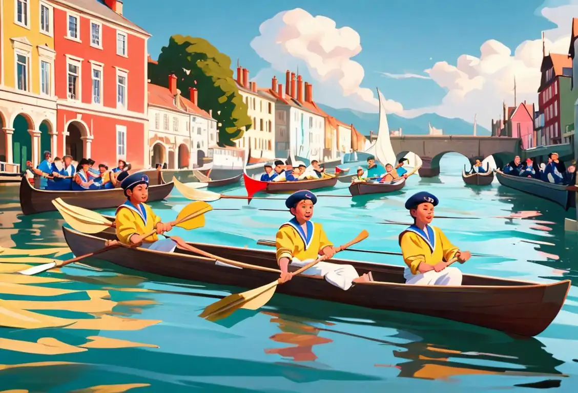 A group of people in colorful sailor outfits, holding oars, with a backdrop of a picturesque coastal town..
