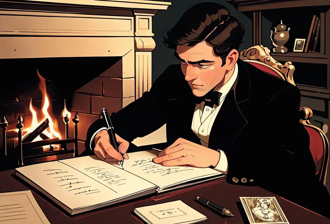 Young man writing beautifully with a classic fountain pen, wearing a vintage suit, in a cozy study filled with books and a roaring fireplace..