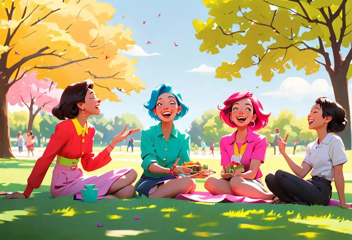 A group of diverse friends laughing and smiling together, dressed in vibrant and stylish clothing, enjoying a picnic in a colorful park setting..