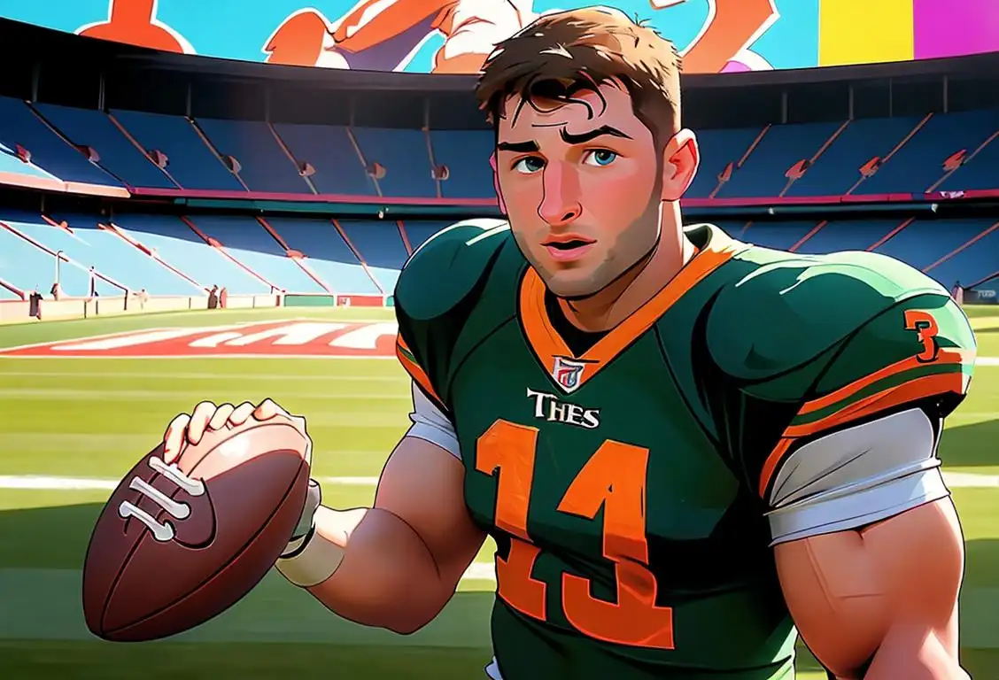 Tim Tebow holding a football, wearing a jersey with 'Tebow' on the back, in a stadium filled with cheering fans..