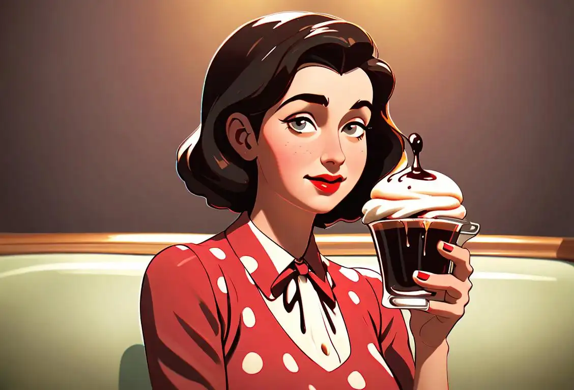 Young woman enjoying a hot fudge sundae, wearing a retro polka dot dress, in a vintage 1950s diner..