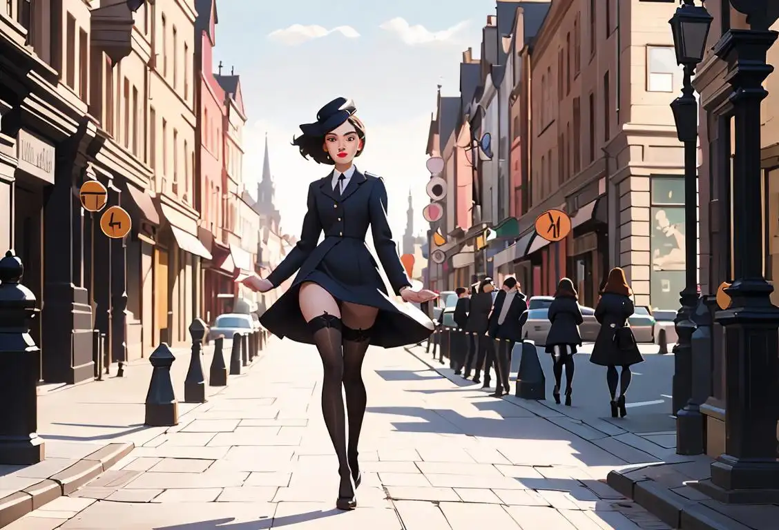 Young woman wearing stockings, strutting down a city street with confidence and style, amidst a backdrop of historical architecture..