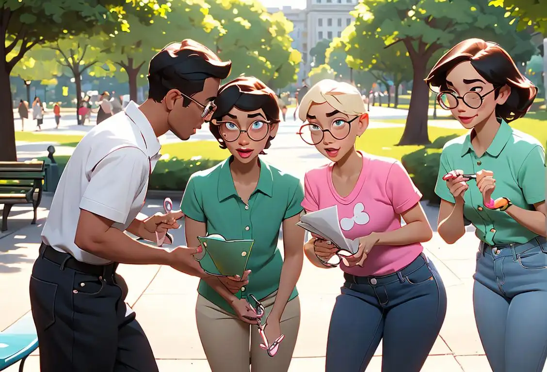 A group of diverse adults playfully holding magnifying glasses, wearing casual summer outfits, at a bustling city park..