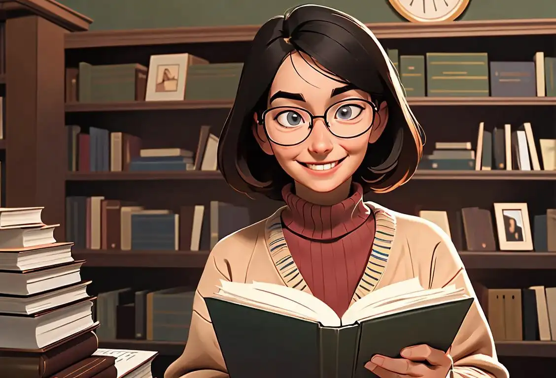 A smiling librarian holding a book, wearing glasses and a cozy sweater, surrounded by neatly organized shelves in a peaceful library setting..