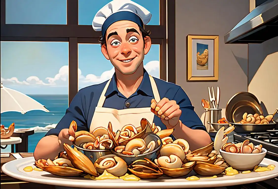 A smiling chef holding a platter of golden deep-fried clams in a coastal kitchen, with nautical decor and sea breeze..