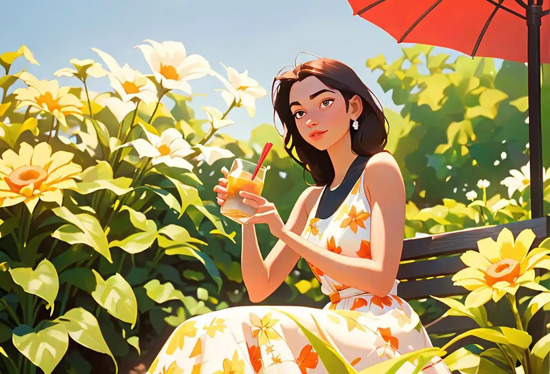 Young woman sitting outside on a sunny day, holding a tall glass filled with iced tea, wearing a floral sundress, garden setting..