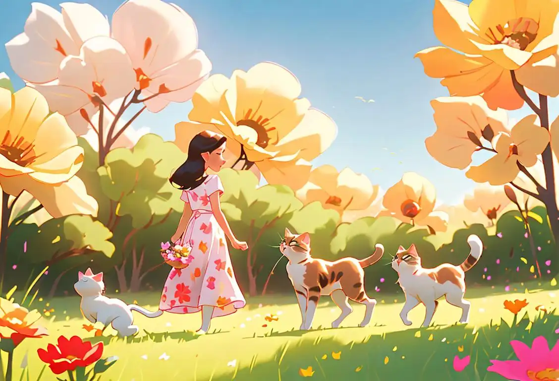 Young woman gracefully herding a group of adorable cats in a sunlit field, wearing a floral sundress, surrounded by colorful flowers..