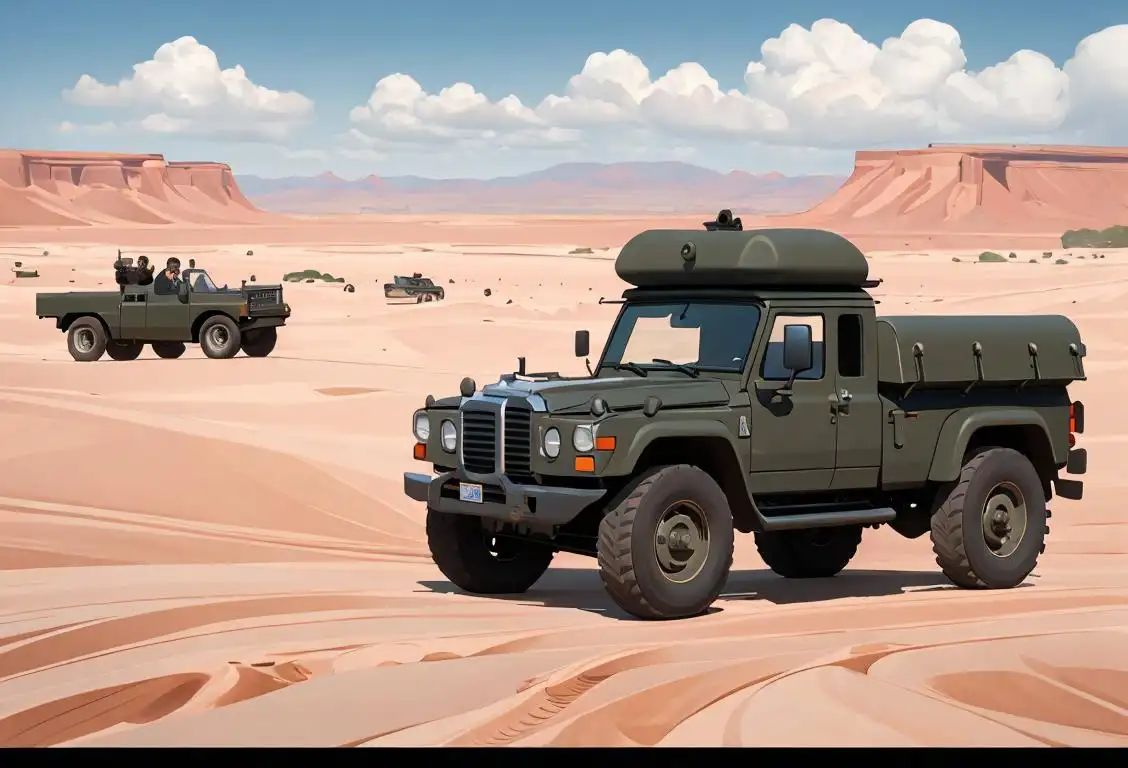 A strong, powerful military vehicle driving through a diverse landscape, showcasing the diverse transportation options that keep our nation safe..