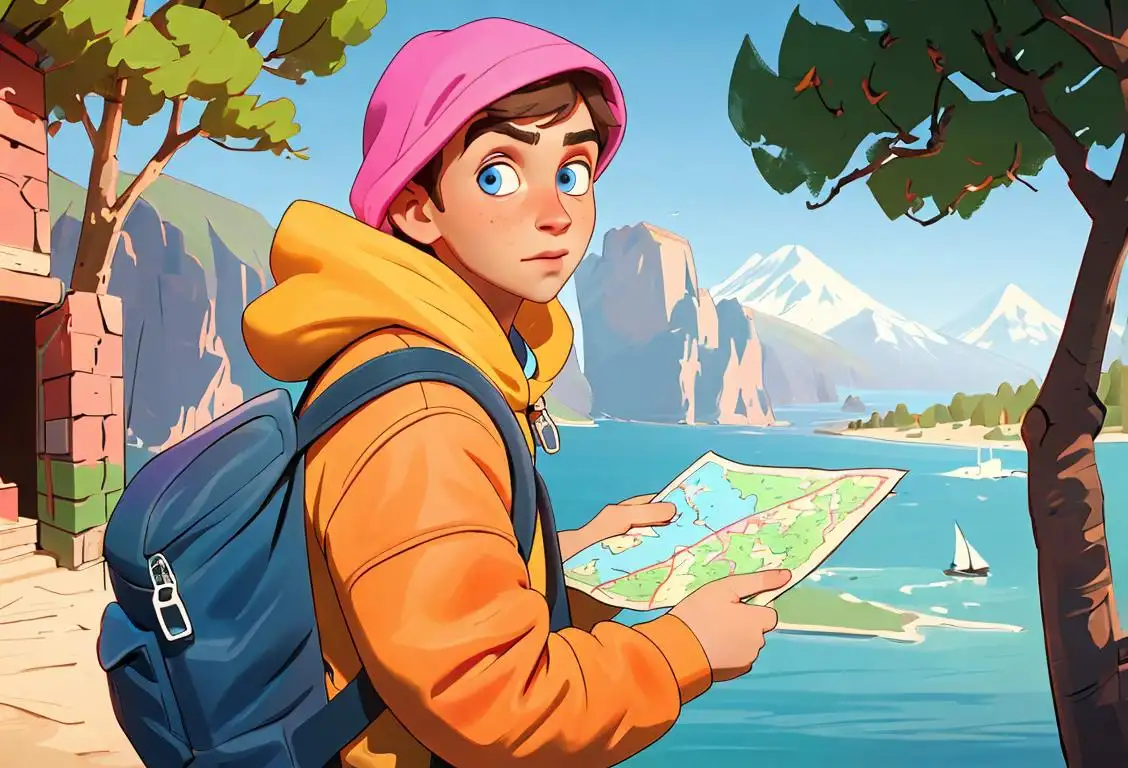 Young person holding a map, wearing a backpack, outdoors, vibrant colors, adventure theme..
