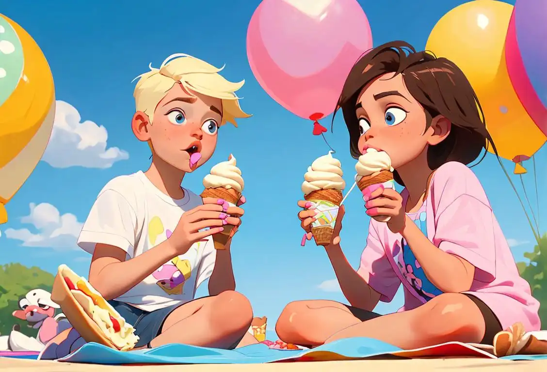 Two kids enjoying a summer day, one eating a vanilla ice cream cone and the other holding a hot dog, with a colorful picnic blanket and balloons in the background..