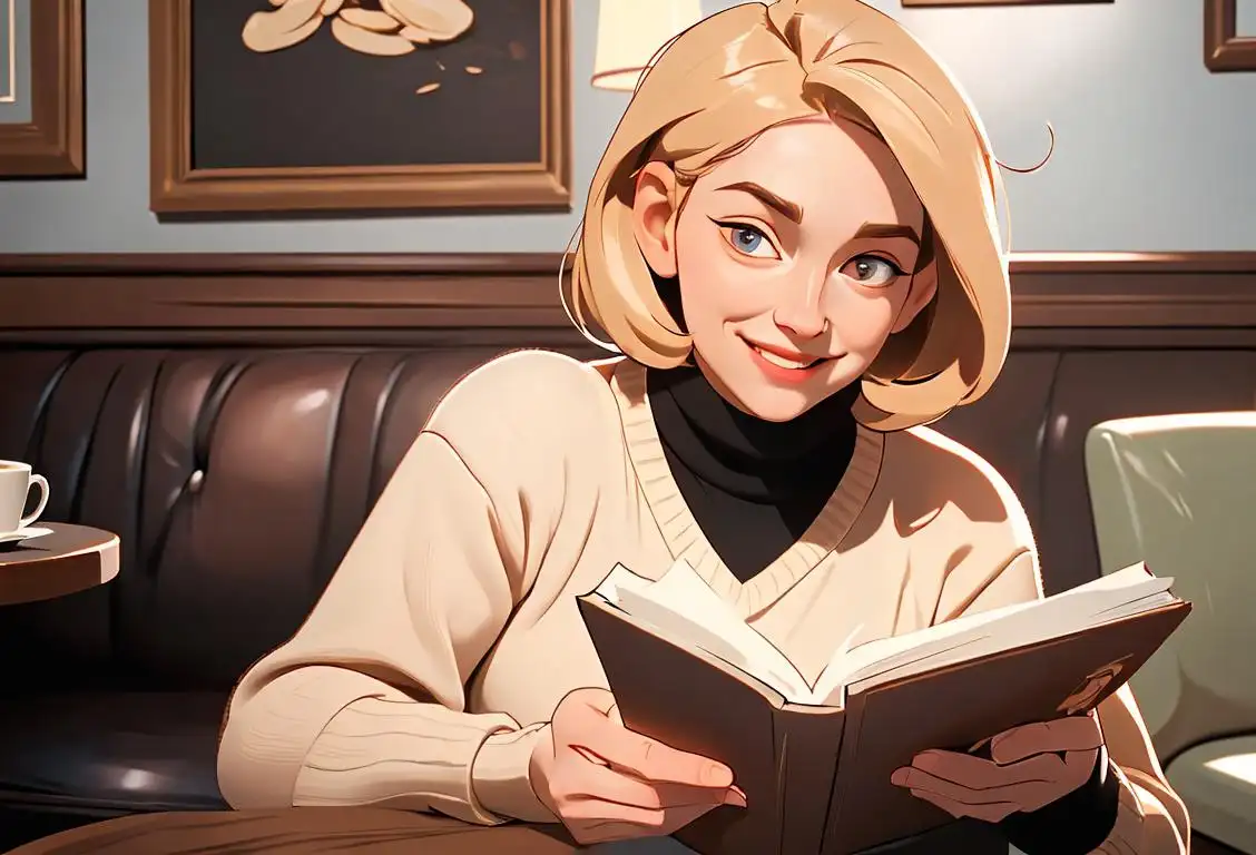 A cozy cafe au lait being enjoyed by a smiling person in a cozy sweater, reading a book in a charming coffee shop..