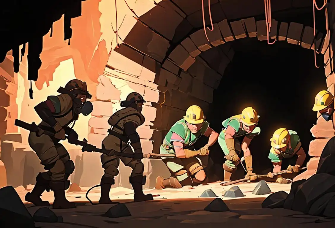 A group of miners in safety gear wielding picks and helmets inside a dimly lit mine with veins of minerals shining through the walls..