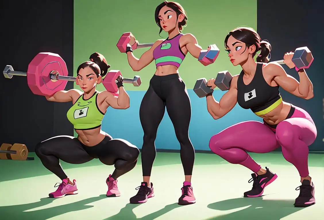 A group of fitness enthusiasts lifting weights in a vibrant, high-energy gym, wearing colorful workout apparel and showcasing their strong, toned bodies..