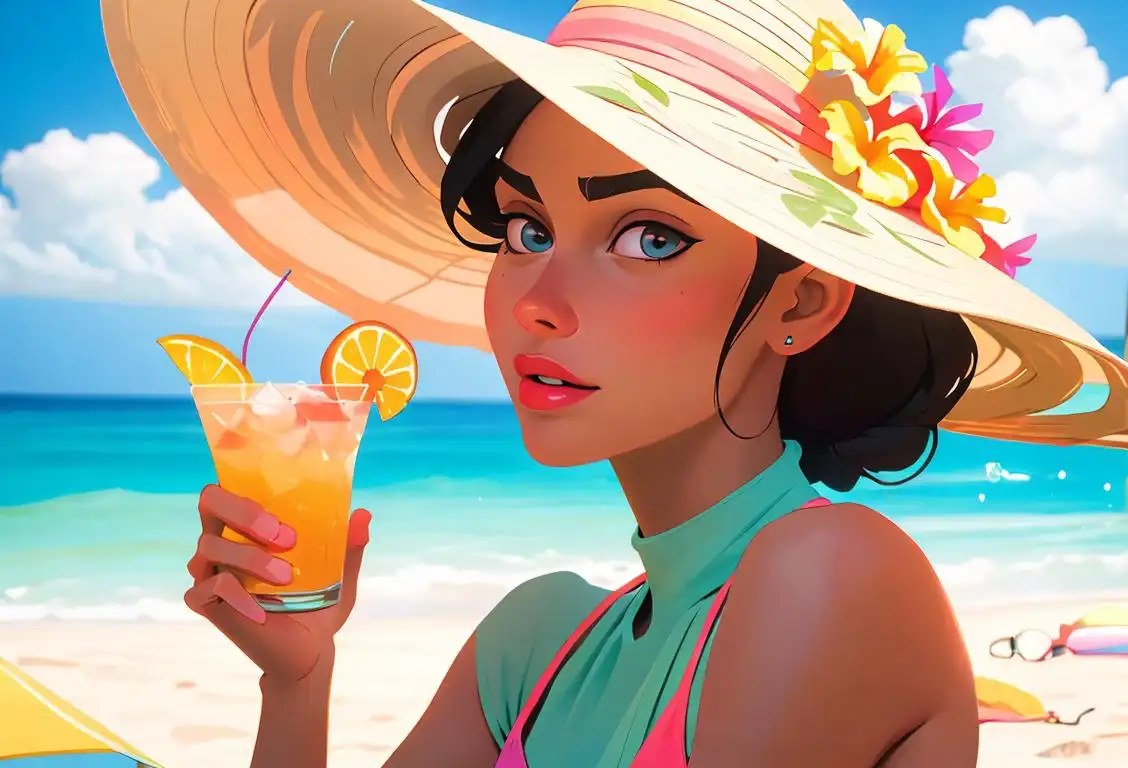 Young woman drinking a colorful cocktail, wearing a sun hat, tropical beach setting, vibrant summer style..