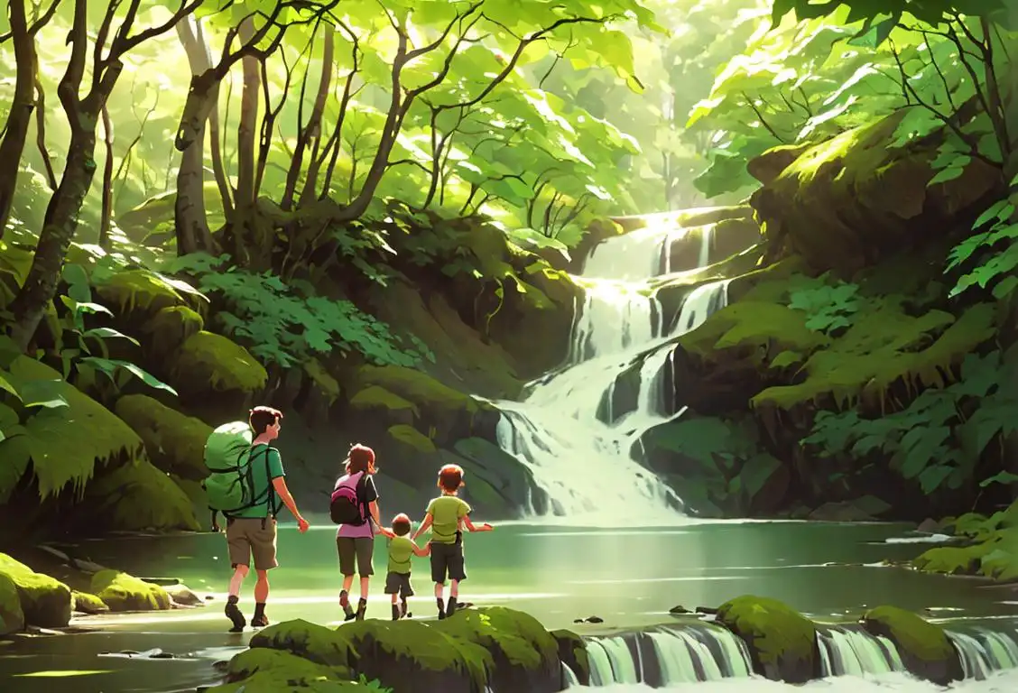 A family hiking through a lush green forest, wearing hiking boots and carrying backpacks, with a scenic waterfall in the background..
