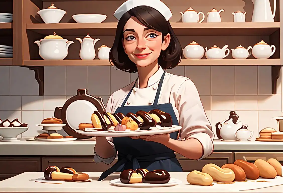 A joyful person holding an eclair, wearing a chef's hat, surrounded by a kitchen filled with baking supplies and sweet treats..