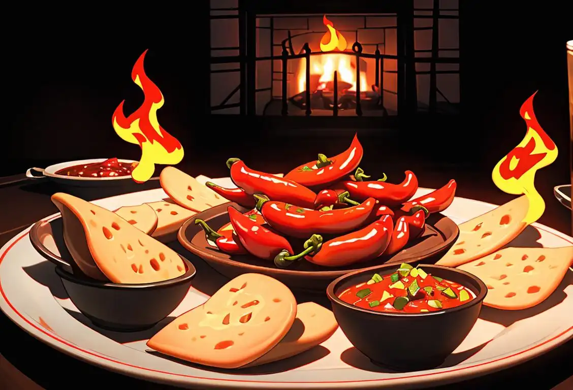 Spicy red hot chili peppers, flames dancing in the background, a chef's hat, fiesta decorations, and a mouth watering platter of spicy food..
